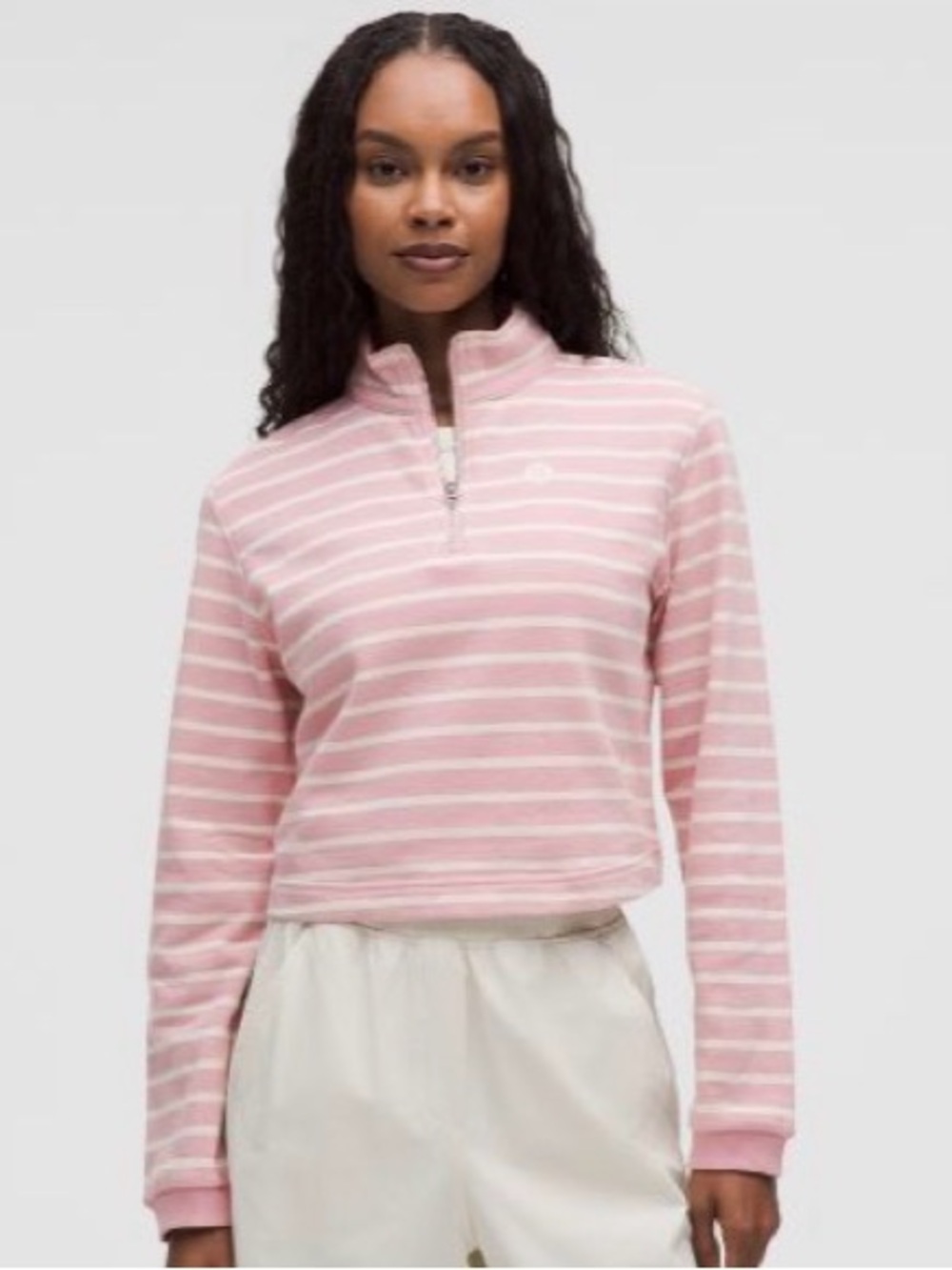 🍋 Lululemon Cotton French Terry Cropped Half Zip | Stripe Pink Haze Light Ivory